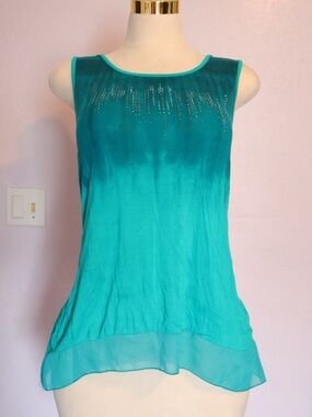 B.L.E.U. Teal Ombre Beaded Chiffon-Hem Tank